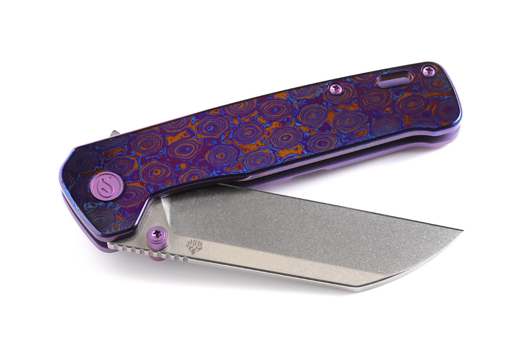Kaviso x QSP Penguin Plus S35VN Pocket Knife with Mokuti Scales, Stonewashed Blade, and Purple Anodized Hardware and Exclusive Penguin Pivot