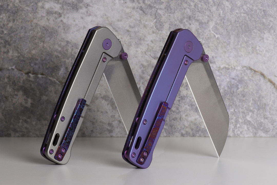 Kaviso x QSP Penguin Plus S35VN Pocket Knife with Mokuti Scales, Stonewashed Blade, and Purple Anodized Hardware and Exclusive Penguin Pivot