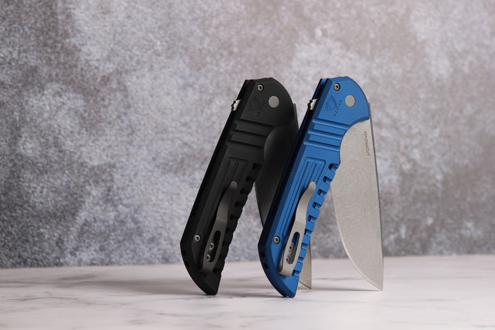 Pro-Tech Mordax designed by Ferrum Forge Aluminum textured Handles with CPM Magnacut Blade Steel and button lock