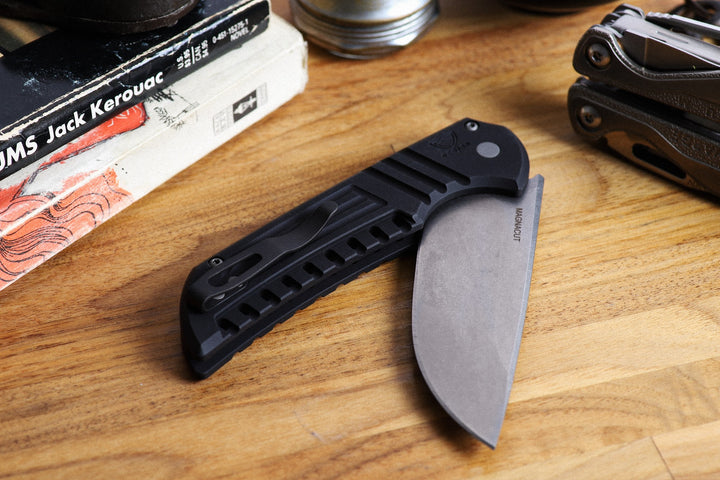 Pro-Tech Mordax designed by Ferrum Forge Aluminum textured Handles with CPM Magnacut Blade Steel and button lock