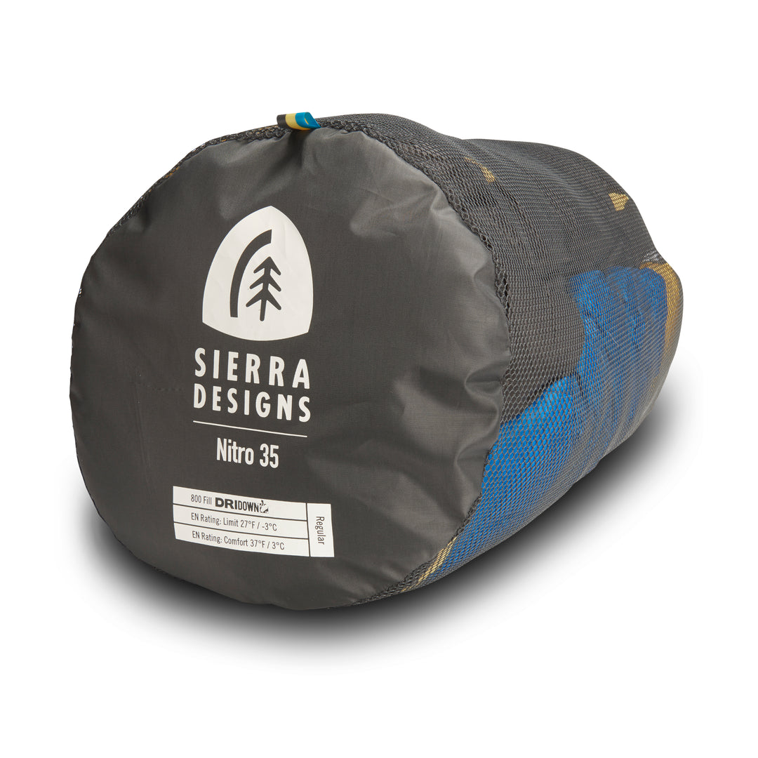 Sierra Designs Nitro Down Sleeping bag in 35 degree & 0 degree in regular or long bag sizes 15d ripstop nylon and 800FP PFC-free DriDown for ultralight backpacking, camping, hiking