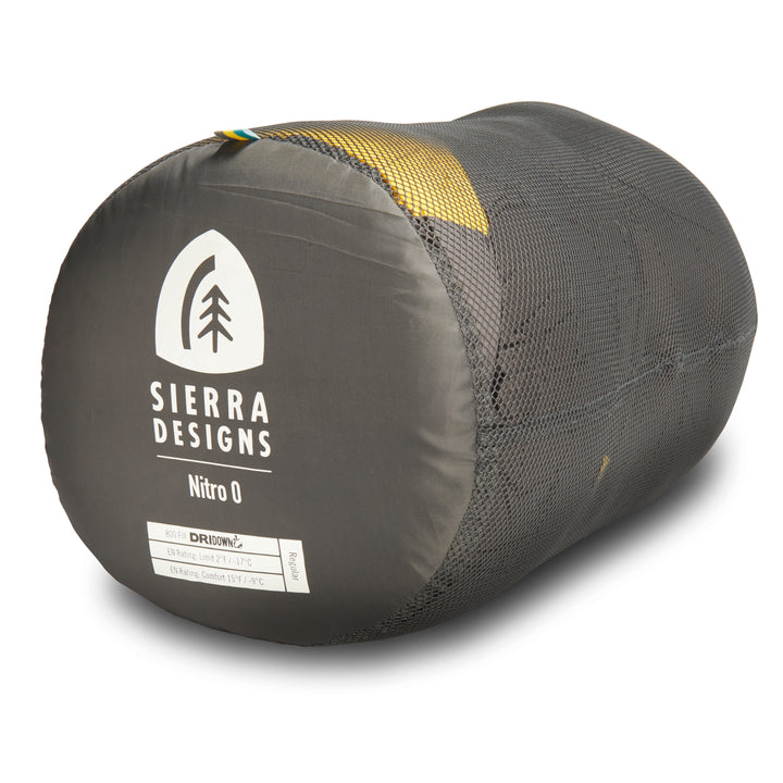 Sierra Designs Nitro Down Sleeping bag in 35 degree & 0 degree in regular or long bag sizes 15d ripstop nylon and 800FP PFC-free DriDown for ultralight backpacking, camping, hiking