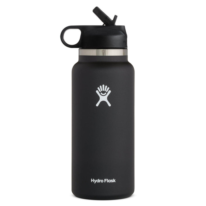 Hydro Flask 32 oz Wide Mouth Black w/ Straw Lid Professional Grade Stainless Steel Double Wall Vacuum Insulation Hydration bottle for Camping, Hiking, Backpacking, Outdoor Use keeps beverages hot or cold for hours