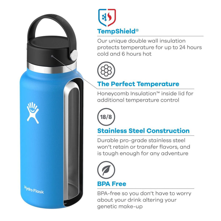 Hydro Flask 32 oz Wide Mouth w/ Straw Lid Professional Grade Stainless Steel Double Wall Vacuum Insulation Hydration bottle for Camping, Hiking, Backpacking, Outdoor Use keeps beverages hot or cold for hours