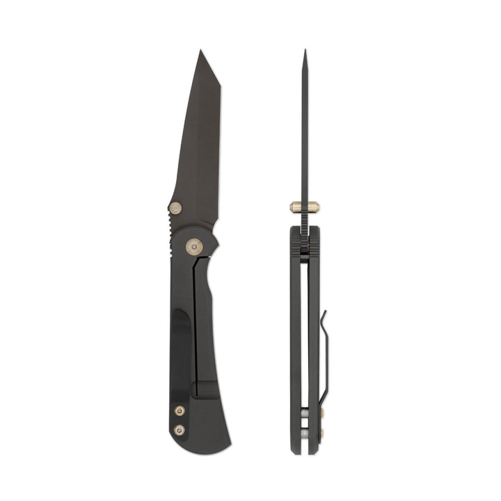 Toor Merchant FL35T Shadow Black Folding Knife with 6AL-4V Titanium handles and CPM S35VN steel blade with Tanto Blade with razor sharp edges and high bevel grind. 
