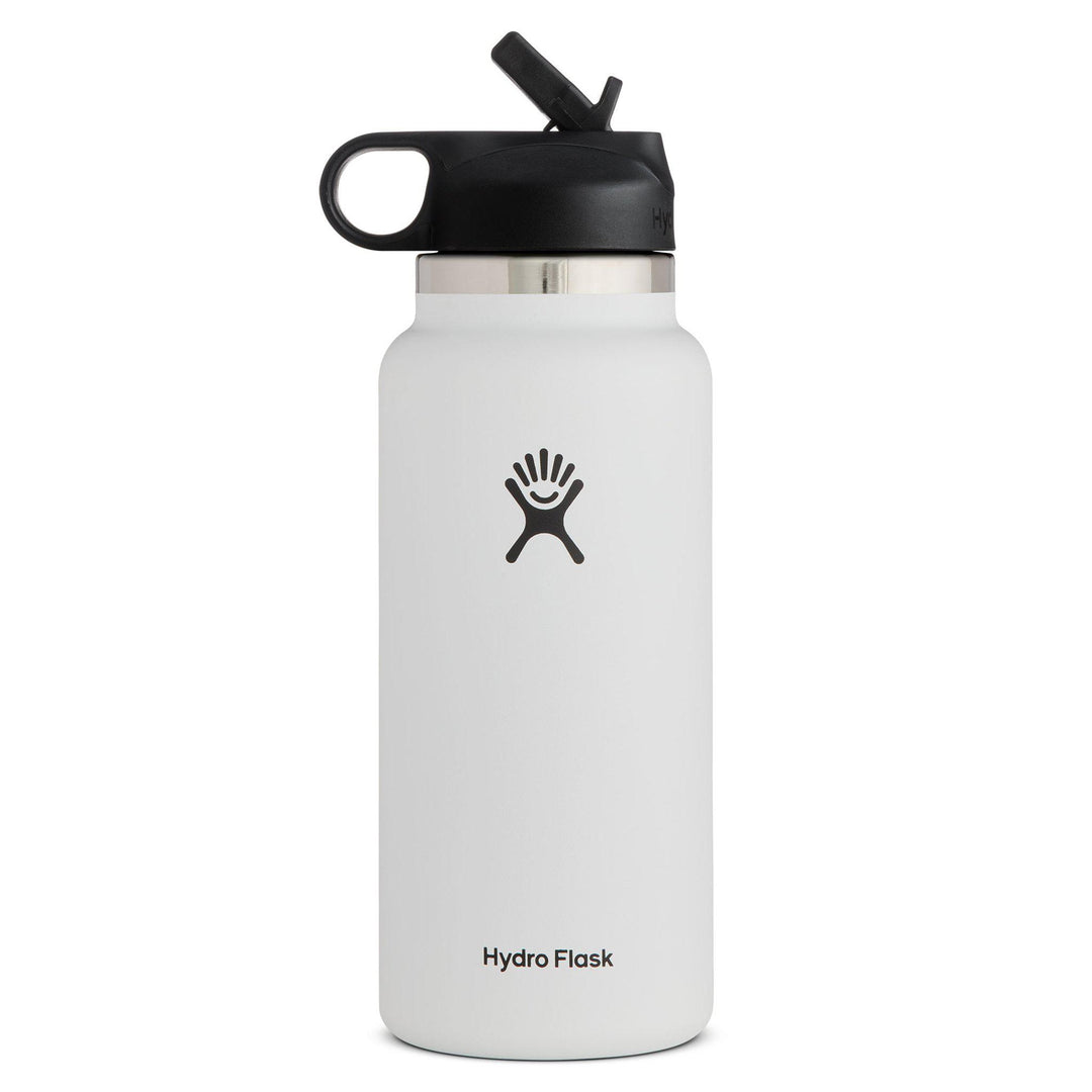 Hydro Flask 32 oz Wide Mouth White w/ Straw Lid Professional Grade Stainless Steel Double Wall Vacuum Insulation Hydration bottle for Camping, Hiking, Backpacking, Outdoor Use keeps beverages hot or cold for hours